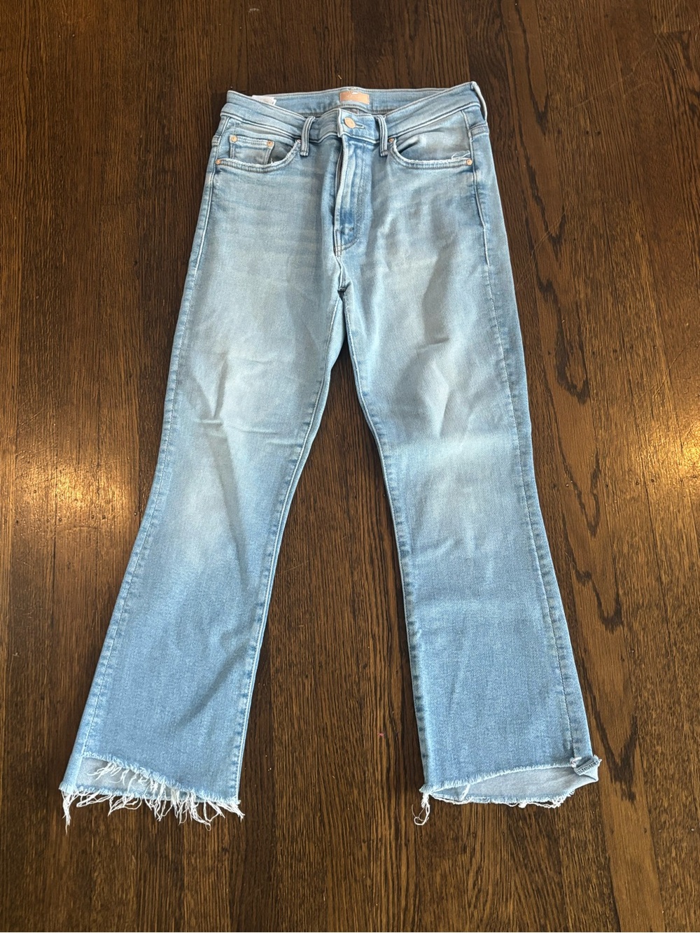 MOTHER Light Blue Flare Jeans with Frayed Hem